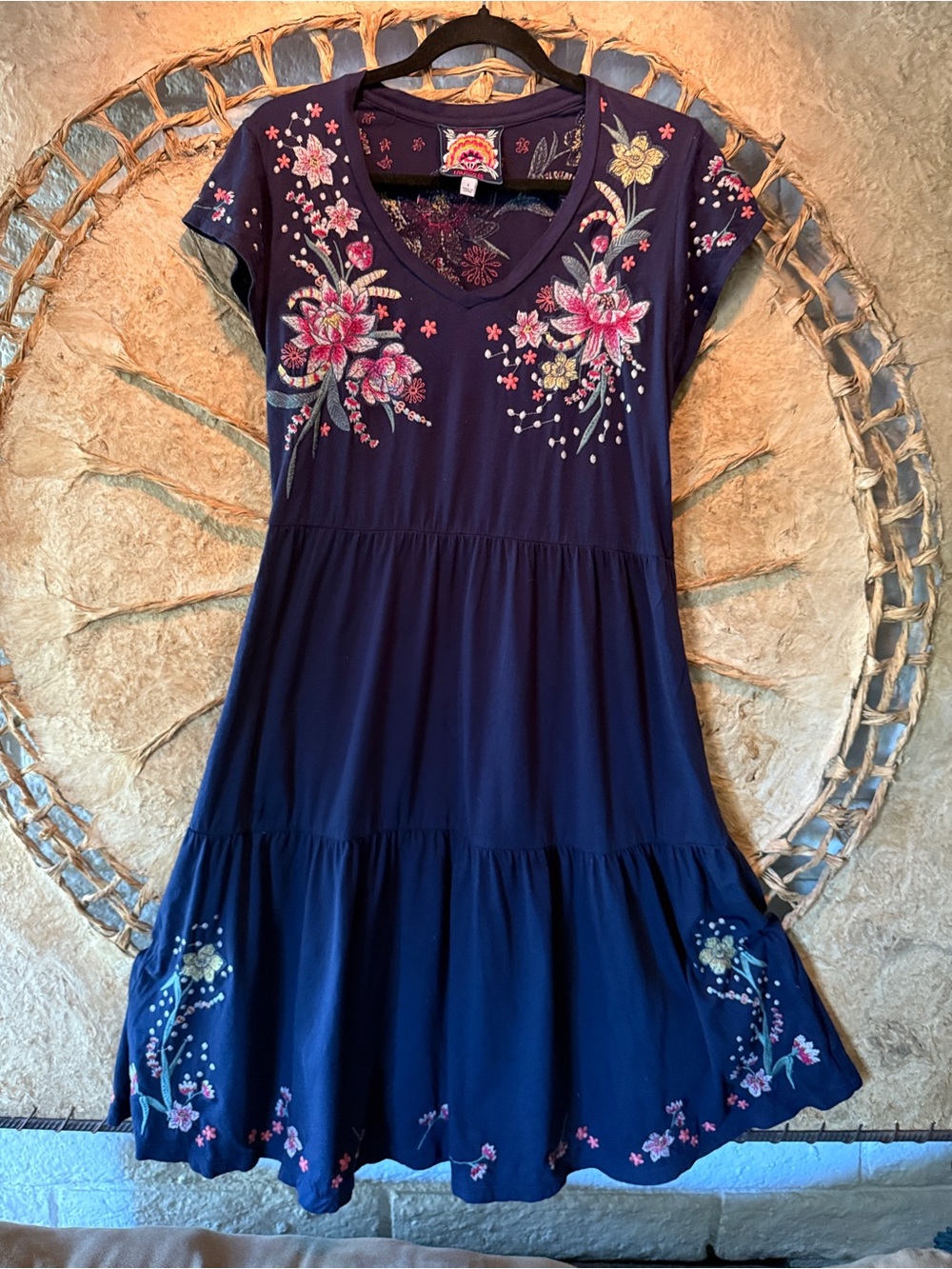 Johnny Was Embroidered Floral Bird Tiered Midi Dress S